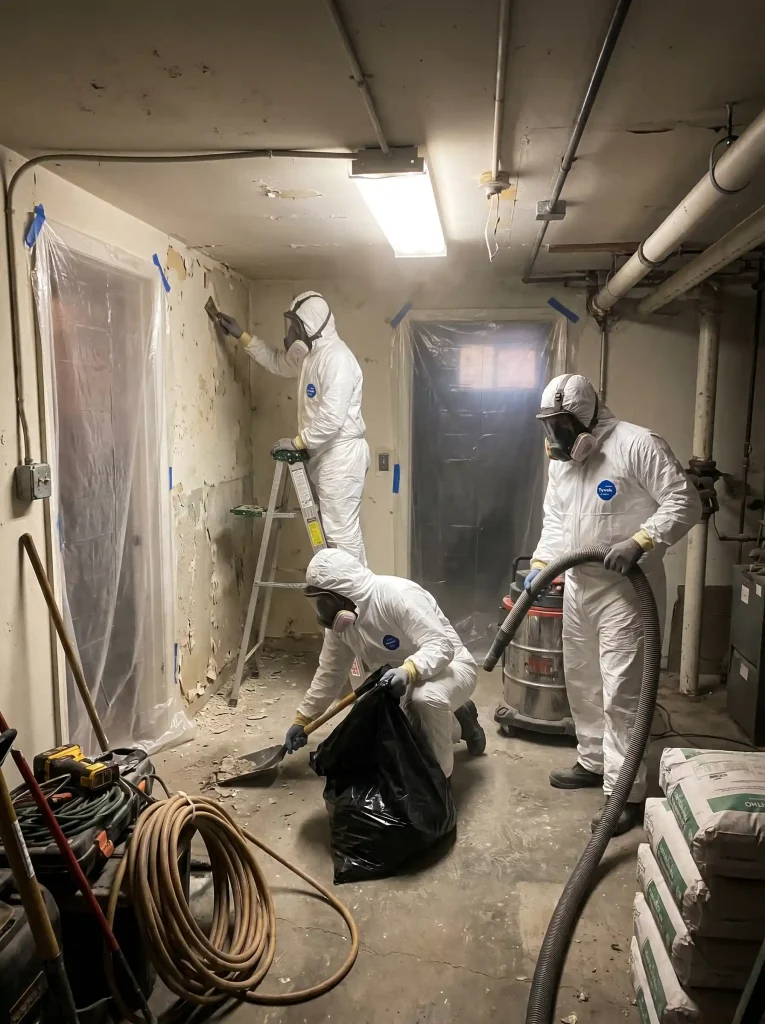 Professional hazardous waste crew executing a thorough basement lead paint cleanup, bagging toxic debris and scraping masonry walls under bright overhead work lights.