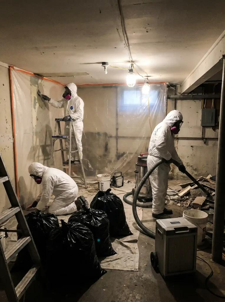 Certified lead cleanup technicians managing toxic debris disposal in a plastic-sheathed basement containment area during a full remediation project.