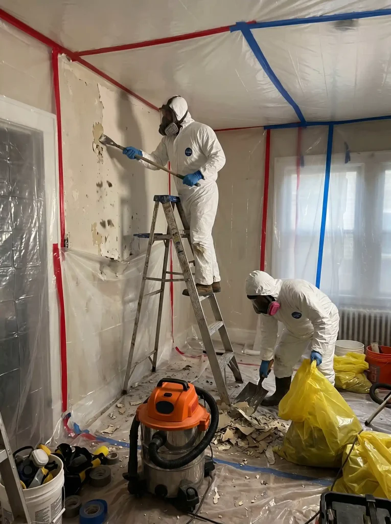 Lead abatement technician working on a ladder inside a contained room to remove lead-based paint from walls.