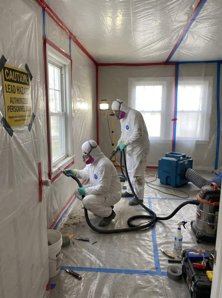 A fully sealed lead abatement containment zone in a home to prevent lead dust cross-contamination during cleanup.