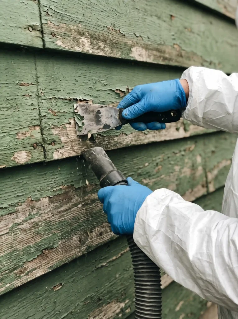 Close-up of safe lead paint removal techniques using specialized scraping tools and high-efficiency vacuum suction.