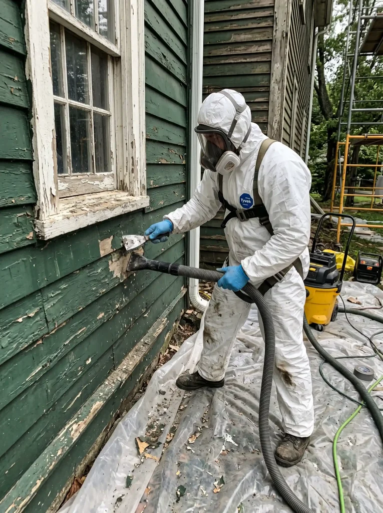 Contractor performing exterior lead paint cleanup on a residential home using a vacuum-shrouded sander.