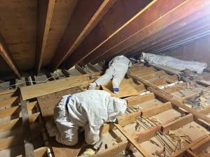 Technician in protective suit completing final insulation installation after mold remediation in Scarsdale, NY