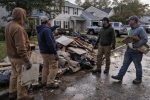 Bowerman crew clearing storm-damaged drywall, carpet, and debris from a flooded home after a coastal storm surge