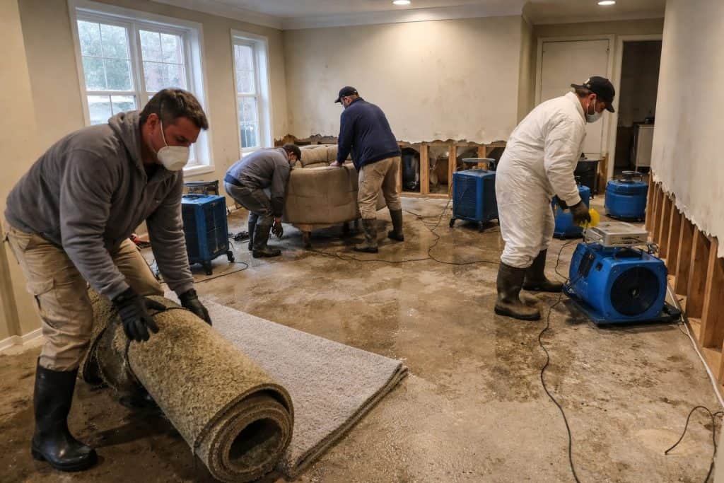 Crew rolling up soaked carpet beside air movers and dehumidifiers after flood cut drywall removal