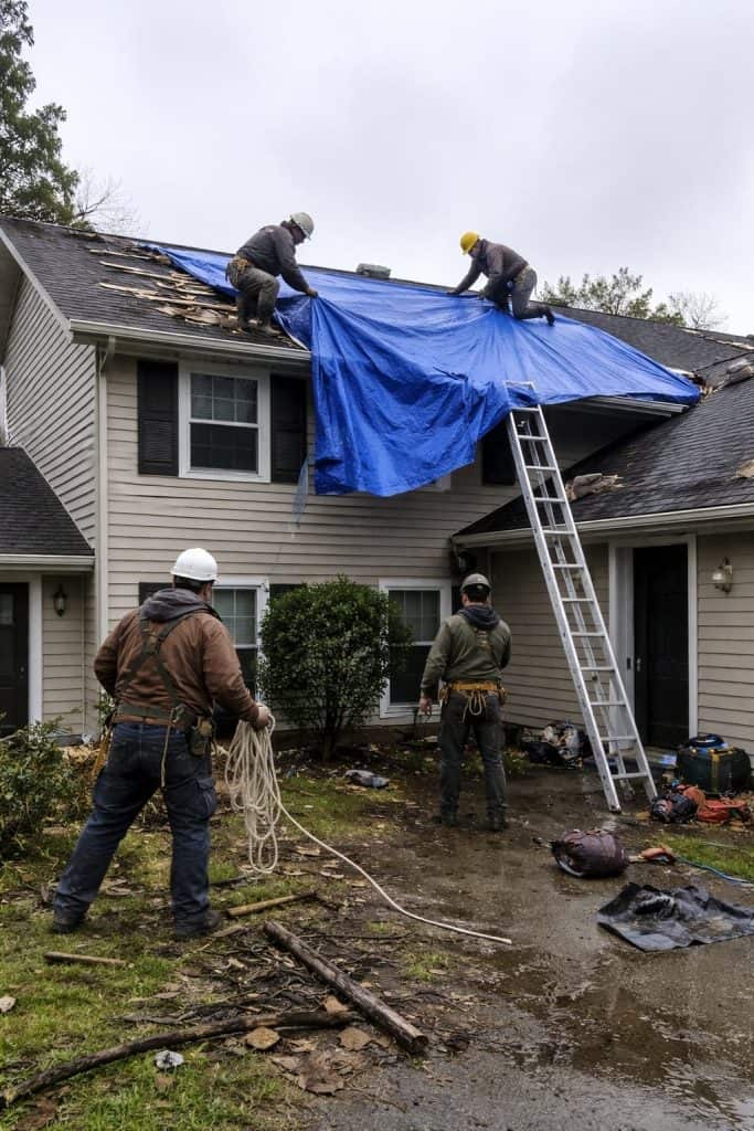 Bowerman crew installing an emergency roof tarp on a storm-damaged home during storm surge flood restoration