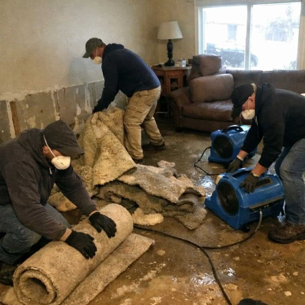 Restoration technicians removing wet carpet and running air movers in a flooded living room
